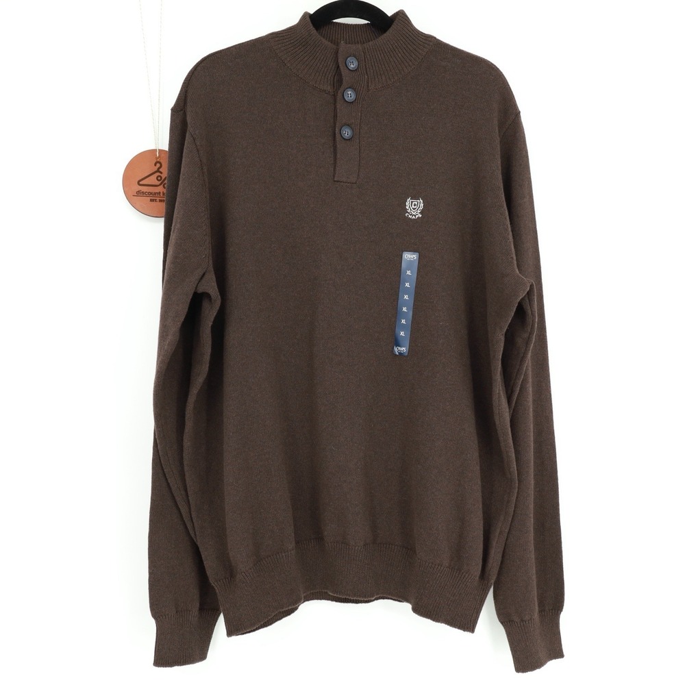 Chaps Mens Button Mock‎ Neck Pullover Sweater Size XL NWT Cotton Blend Brown